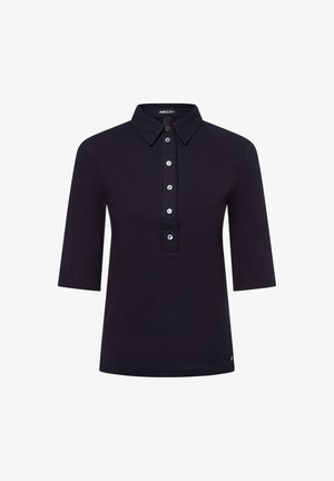 Zwarte korte mouwen polo shirt met puntige kraag en vijf knopen aan de voorkant, weergegeven op een effen witte achtergrond.