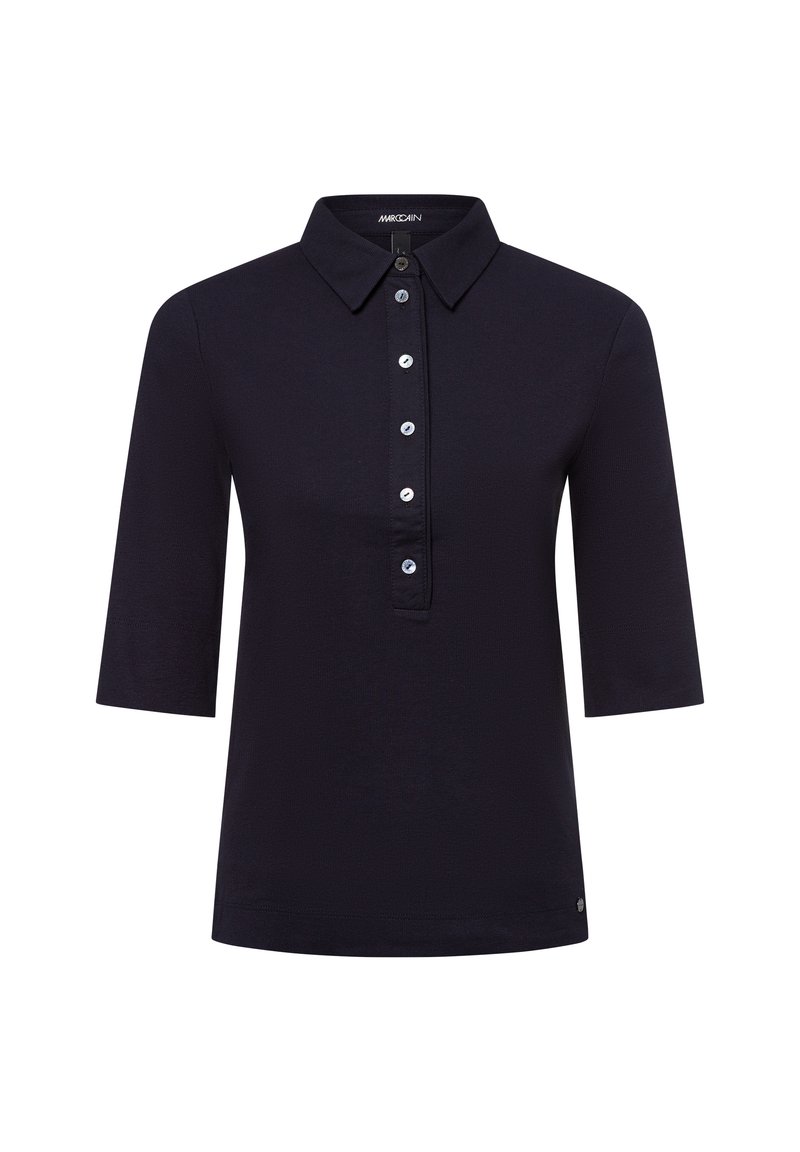 Zwarte korte mouwen polo shirt met puntige kraag en vijf knopen aan de voorkant, weergegeven op een effen witte achtergrond.