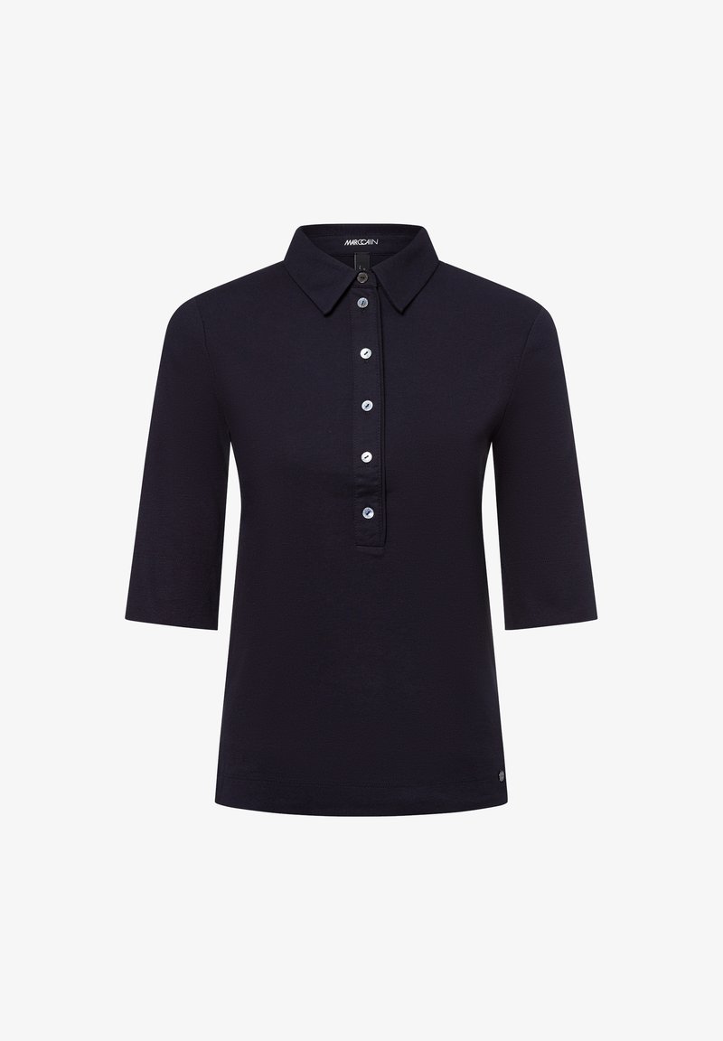 Zwarte korte mouwen polo shirt met puntige kraag en vijf knopen aan de voorkant, weergegeven op een effen witte achtergrond.