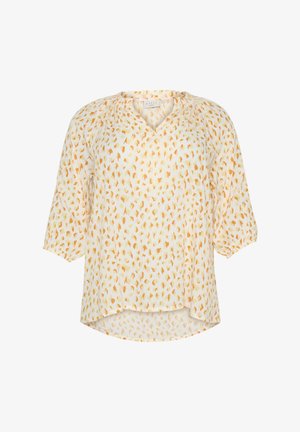 Trumpas rankovėmis bluzonas iš lengvos medžiagos, su V formos iškirpimu ir visą paviršių dengiančiu apelsinų ir geltonų dėmių raštu ant kreminio fono.