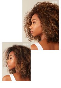 Cheveux bouclés avec des mèches blondes montrés dans des images avant et après. L'image après montre des boucles plus définies et volumineuses.
