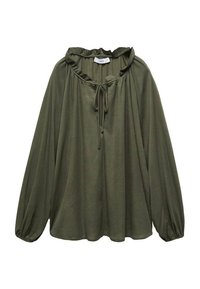 Bluză verde măslinie cu o croială relaxată, guler plisat și șnur de ajustare. Prezintă mâneci lungi, puffate și un material moale, neted.