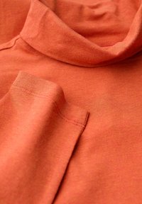Maglione a collo alto in tessuto morbido di colore ruggine, con colletto rilassato e maniche corte, caratterizzato da cuciture lisce e una lieve texture.