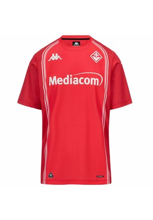 Maillot de sport rouge à manches courtes avec texte blanc du sponsor Mediacom, logos Kappa et emblème du club de football Fiorentina sur la poitrine.