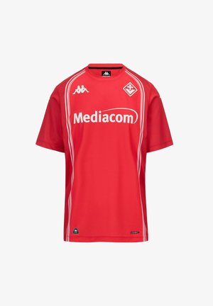 Maillot de sport rouge à manches courtes avec texte blanc du sponsor Mediacom, logos Kappa et emblème du club de football Fiorentina sur la poitrine.