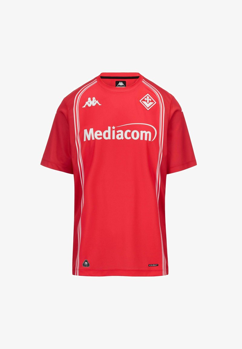Maillot de sport rouge à manches courtes avec texte blanc du sponsor Mediacom, logos Kappa et emblème du club de football Fiorentina sur la poitrine.