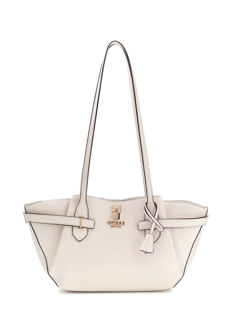 Weiße Leder-Shopper-Tasche mit schwarzen Akzenten, zwei Henkeln und einem goldfarbenen Logo. Verfügt über eine strukturierte Form und umgeschlagene Seiten.