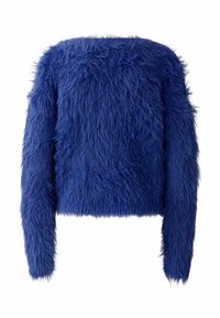 Blauer Kunstfellpullover mit langen Ärmeln, croppter Form und strukturierter Optik, mit einer fluffigen Oberfläche und geradem Saum.
