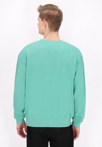 Mátově zelená mikina vyrobená z měkkého materiálu, charakteristická volným střihem s žebrovanými manžetami a lemem, zobrazená zezadu s jednoduchým designem.
