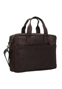 Braune Ledertasche mit doppelten Tragegriffen, Vordertasche und abnehmbaren Schultergurt. Verfügt über einen Reißverschluss und eine glatte Oberfläche.