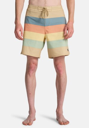 Beżowe kąpielówki w poziome paski w jasnoniebieskim, pomarańczowym, zielonym i żółtym kolorze. Posiadają ściągacz w pasie i boczne kieszenie.