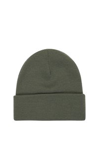 Beanie lavorato a maglia verde oliva con risvolto, caratterizzato da un tessuto testurizzato e una parte superiore arrotondata. Design semplice e funzionale senza decorazioni.