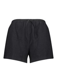 Černé lněné šortky s elastickým pasem a šňůrkou na stažení. Látka má hladkou texturu a volný střih, s bočními kapsami.