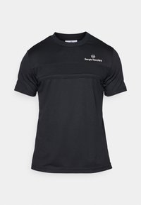 Czarna koszulka sportowa wykonana z lekkiego materiału. Posiada okrągły dekolt, krótkie rękawy oraz poziome paski w designie. Widoczne logo marki.