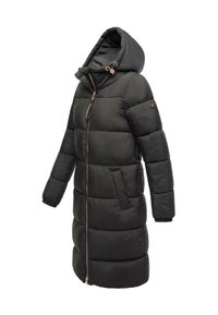 Svart vadderad jacka med huva, med dragkedja framtill, sidofickor och elastiska ärmslut. Synliga detaljer i roséguld.