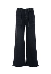 Melnas platlegu džinsas, kas izgatavoti no denim, ar augstu jostasvitu, priekšējām kabatām, regulējamu saites stīgas un smalkiem izbalējumiem.