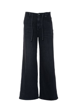 Svart vide bukser laget av denim, med høy midje, frontlommer, justerbar knytesnor og subtile falmingdetaljer.