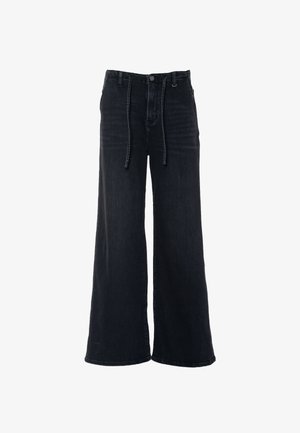 Jeans neri a gamba larga realizzati in denim, con vita alta, tasche anteriori, lacci regolabili e dettagli di sbiadito sottili.