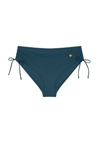 Ciemnozielony bikini dolny z bocznymi zawiązaniami, marszczoną teksturą i małym detalem w postaci złotego logo. Wykonany z elastycznego materiału kąpielowego.