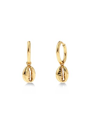 Goldene Creolen-Ohrringe mit jeweils einem kleinen, glänzenden Kaurimuschel-Anhänger, der von der Creole vor weißem Hintergrund hängt.