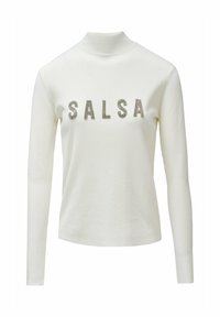 Witte lange mouwen trui met een hoge hals en het woord "SALSA" gespeld in strassletters op de borst.