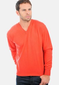 Pull à manches longues en v à col en orange vif, fabriqué en maille douce. Présente des poignets et un ourlet côtelés, avec une texture lisse.