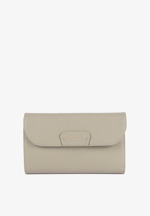 Light gray leather wallet with a textured surface, flap closure, and embossed gold logo detail centered on the front.