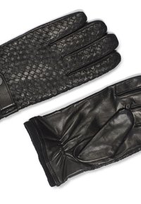 Sorte skinnhansker med et vevd design, som har en jevn tekstur, en tettsittende fasong, og elastisk mansjett. Detaljert søm og klafflås.