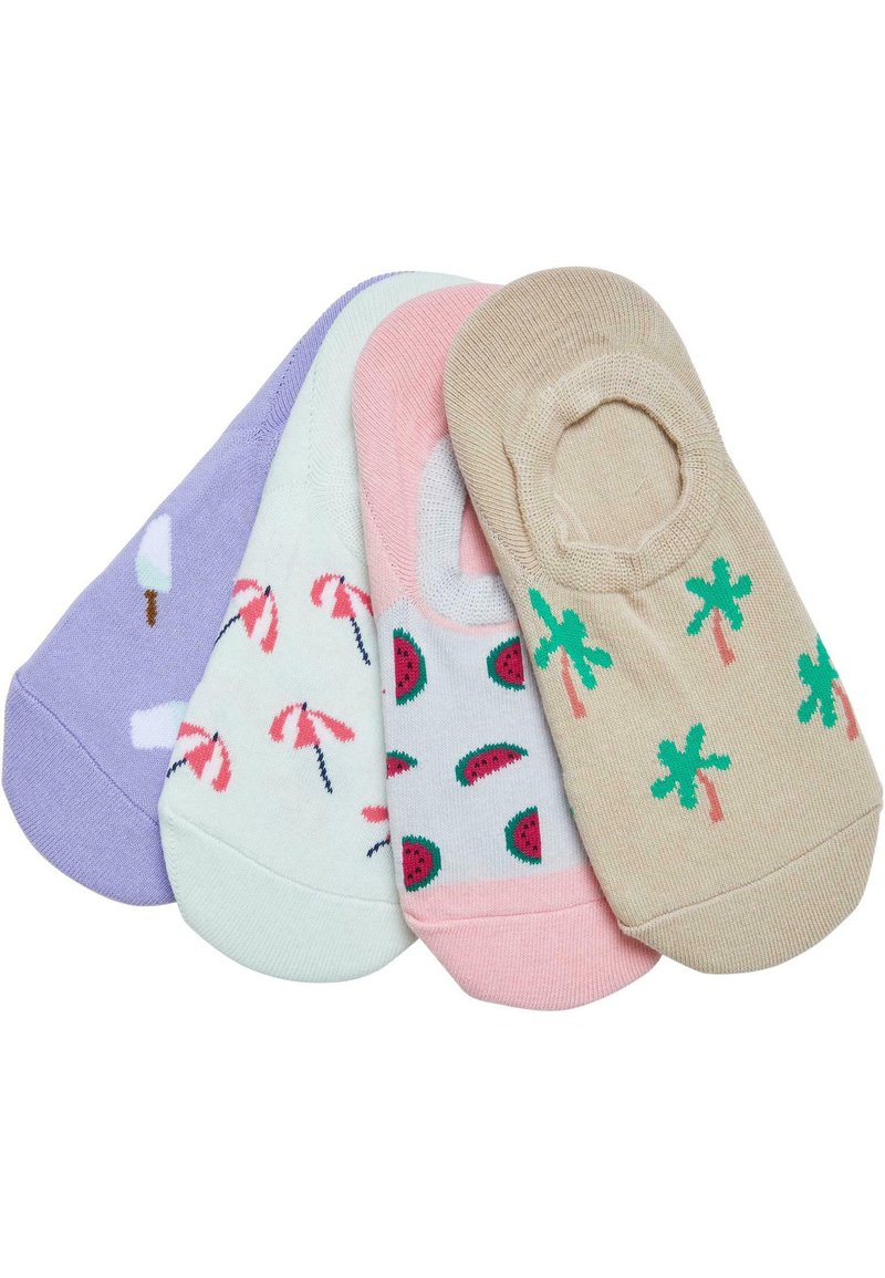 Quatre paires de chaussettes de cheville colorées : lavande avec des esquimaux, vert clair avec des parapluies, rose avec des pastèques et beige avec des palmiers.