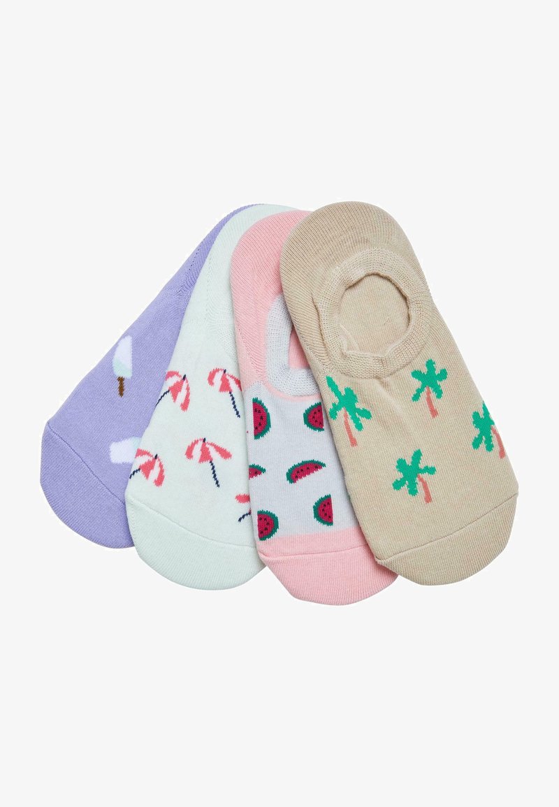 Four pairs of colorful ankle socks: lavender with popsicle, light green with umbrellas, pink with watermelons, and beige with palm trees.