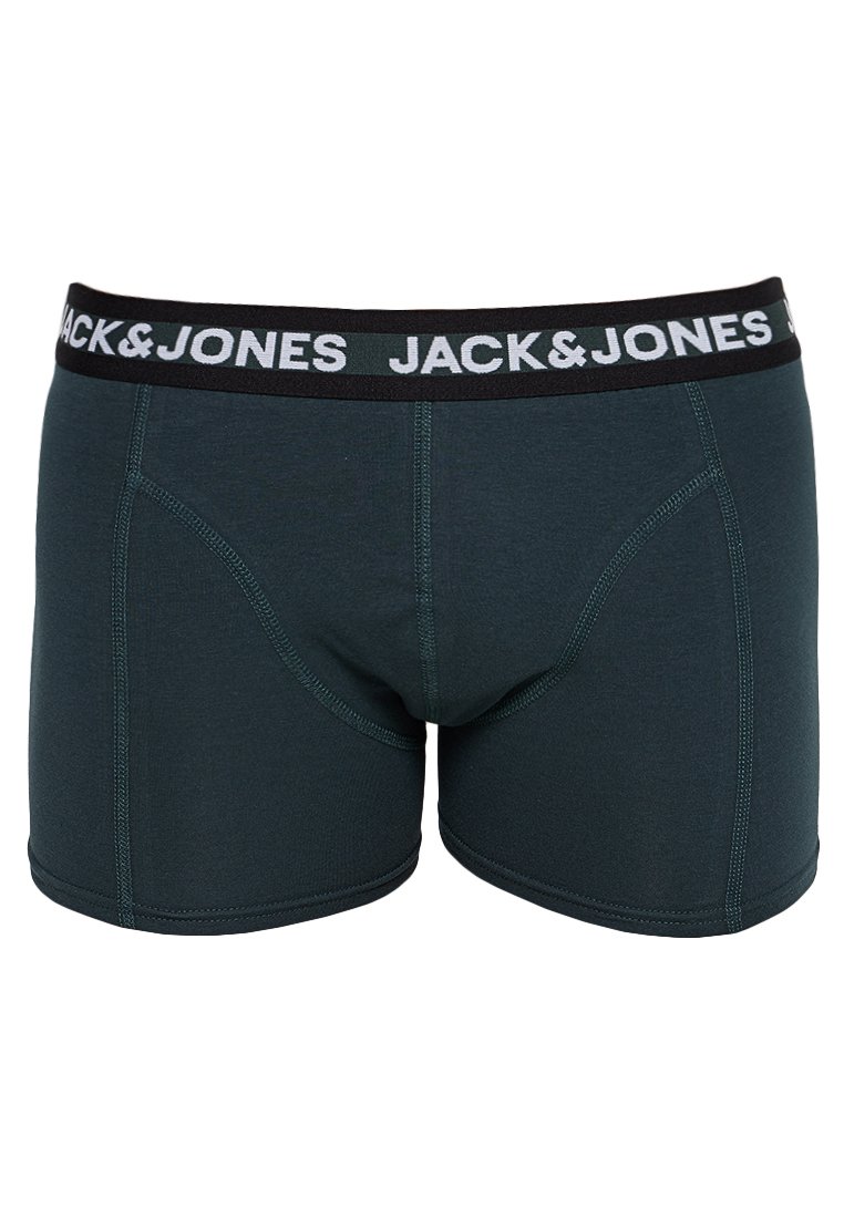 Bóxer de color verde oscuro fabricado en un tejido suave, con una cinturilla negra que lleva el logo en blanco de "JACK&JONES" y detalles de costura en contraste.