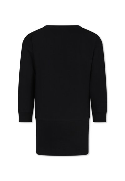 Maglione nero a maglia con scollo rotondo, maniche lunghe e polsini a coste. Presenta una vestibilità dritta e una lunghezza maggiore sul retro per una copertura aggiuntiva.