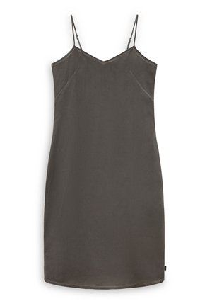 Graues Satinkleid mit dünnen verstellbaren Trägern, V-Ausschnitt und geradem Schnitt, das eine glatte Textur und ein minimales Design aufweist.