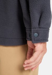 Tumma harmaa fleece-takki, jossa on tekstuuri pinnassa, napitettu hihansuu ja sileät, pyöristetyt napit sulkemista varten.