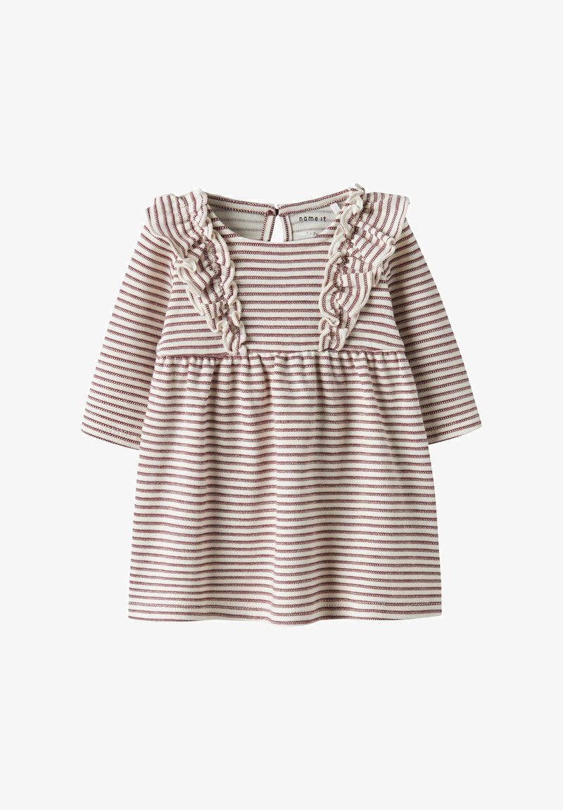 Robe bébé à manches longues avec rayures horizontales blanches et rouges et bordure à volants sur le plastron avant, fabriquée en tissu tricoté doux.