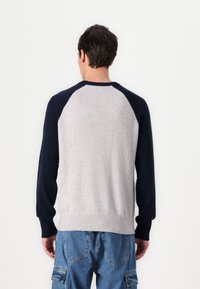 Men's pullover sweater with light gray body and navy blue raglan sleeves. Made of soft material with a ribbed hem and texture contrast.