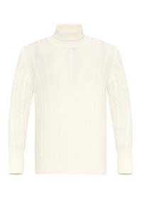 Maglione color crema a trecce con collo alto, maniche lunghe e polsini e orlo a coste. Realizzato in tessuto lavorato a maglia testurizzato.