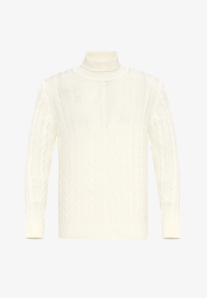 Cremefarbener Pullover mit Zopfmuster, hohem Kragen, langen Ärmeln sowie gerippten Bündchen und Saum. Hergestellt aus strukturiertem Strickstoff.