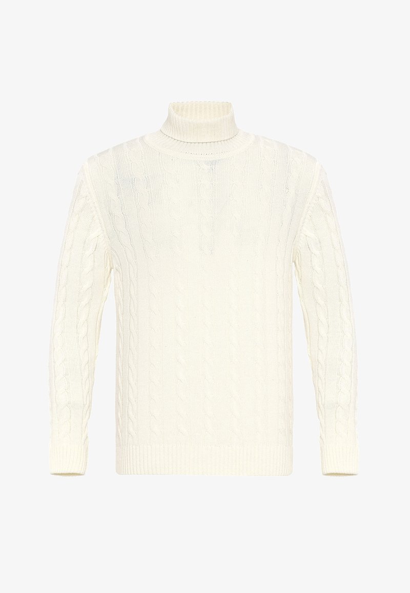 Maglione color crema a trecce con collo alto, maniche lunghe e polsini e orlo a coste. Realizzato in tessuto lavorato a maglia testurizzato.