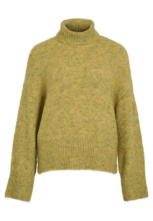 Dikke gebreide trui in een gedempte olijfgroene kleur. Heeft een hoge kraag en brede, losse mouwen met geribbelde manchetten. Zachte textuur.