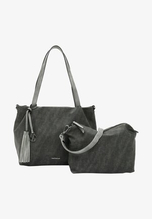 Szary zestaw torebek tekstylnych, w skład którego wchodzi duża torba typu tote z dekoracyjną frędzlem oraz mniejsza kosmetyczka zapinana na zamek, obie z gładkimi skórzanymi uchwytami.
