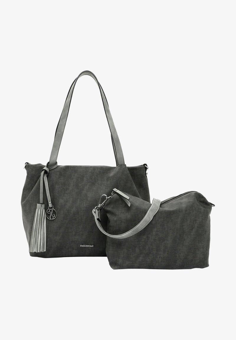 Ensemble de sacs à main en textile gris comprenant un grand tote avec un gland décoratif et une petite pochette zippée, tous deux dotés de poignées en cuir lisse.