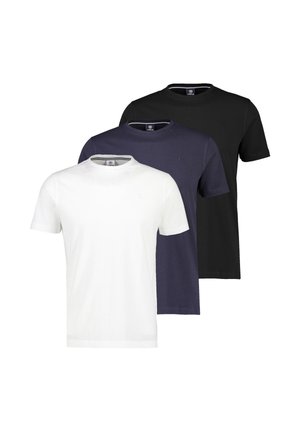 Drei schlichte T-Shirts mit Rundhalsausschnitt in Weiß, Marineblau und Schwarz, übereinander angeordnet vor weißem Hintergrund.