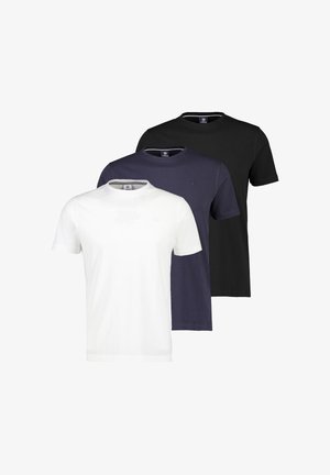 Drei schlichte T-Shirts mit Rundhalsausschnitt in Weiß, Marineblau und Schwarz, übereinander angeordnet vor weißem Hintergrund.