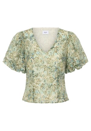 Bluza florală verde deschis cu mâneci scurte bufante și decolteu în V, având o talie cambrată și modele subtile de flori albastre și maro.