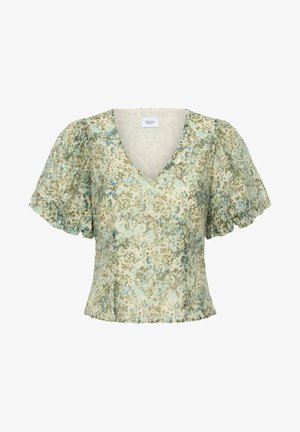 Lichtgroene bloes met bloemenprint, korte pofmouwtjes en een V-hals, met een getailleerde taille en subtiele blauwe en bruine bloemmotieven.