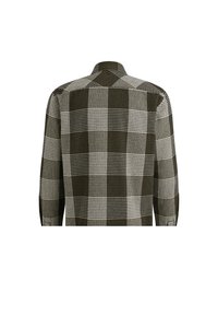 Chemise à manches longues vue de dos avec un motif à carreaux vert et gris, fabriquée en tissu tissé avec une finition texturée.
