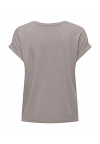 T-shirt simple à manches courtes de couleur marron clair, avec les revers des manches retroussés, vue de dos sur un fond blanc.