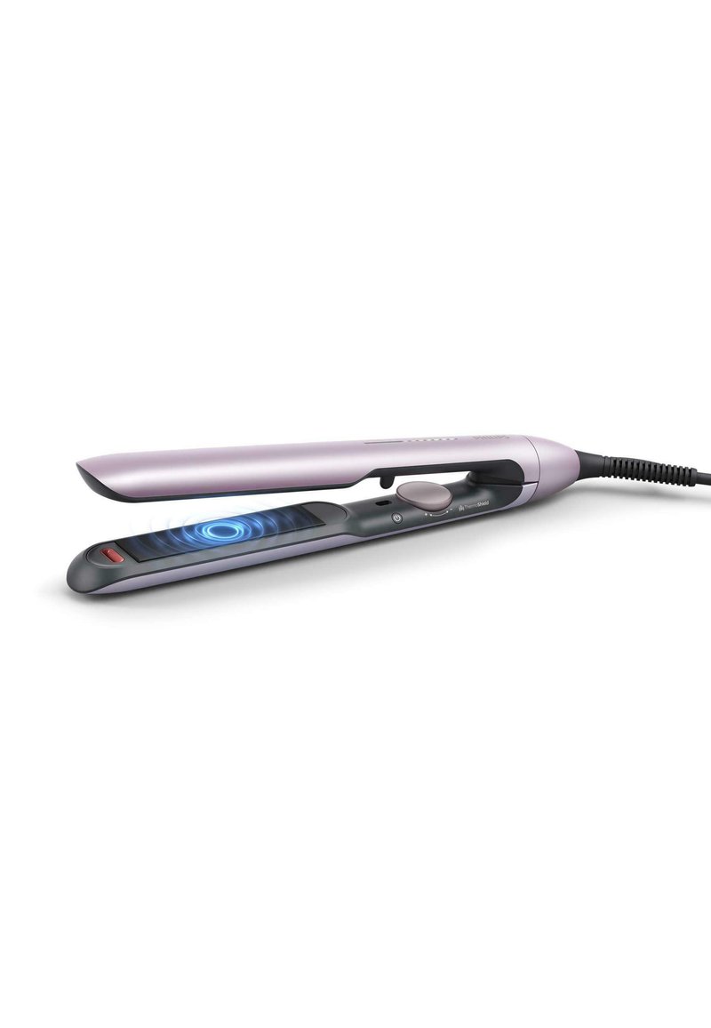 Haarglätter mit tapered metallischem Design, pink-grauer Farbgebung, digitaler Temperaturanzeige und abgerundeten Kanten.