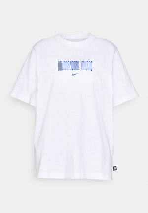 White cotton t-shirt with short sleeves, featuring blue text "INTER NAZIONALE MILANO" and a small Nike logo below the text.